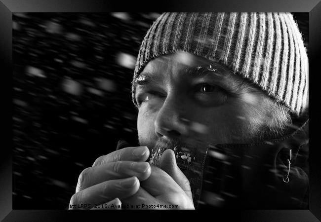 Man freezing in snow storm BW Framed Print by Simon Bratt LRPS