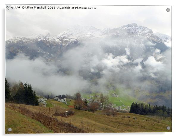 Misty Swiss Alps.  Acrylic by Lilian Marshall