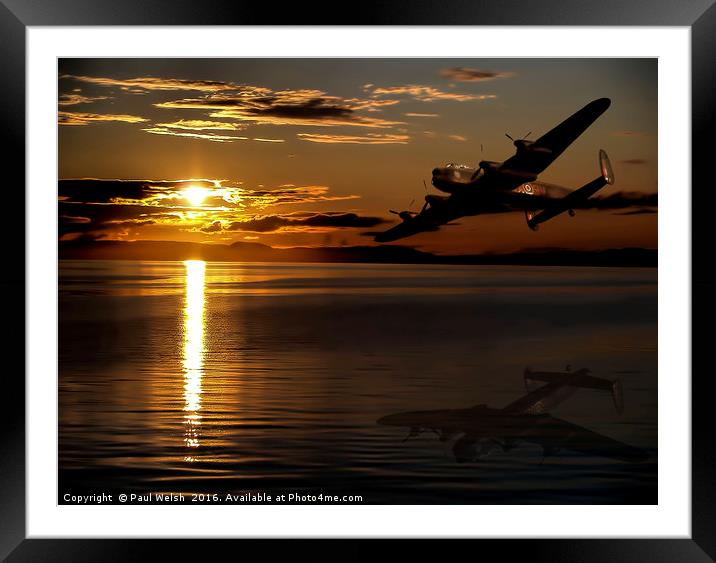 Lancaster Bomber Flying Into The Sunset Framed Mounted Print by Paul Welsh