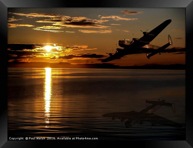 Lancaster Bomber Flying Into The Sunset Framed Print by Paul Welsh