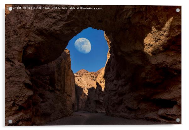 Moon Through Rock Arch Acrylic by Reg K Atkinson