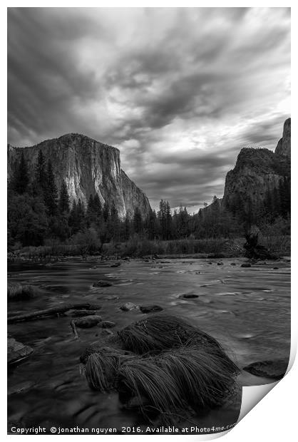 storm over Yosemite Valley BW Print by jonathan nguyen