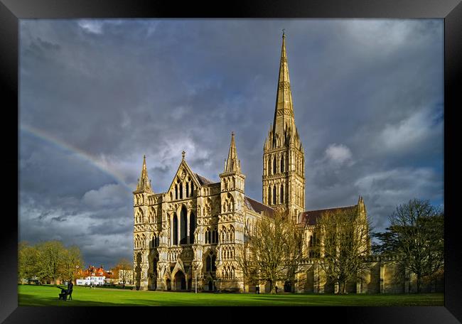 Salisbury Cathedral with Rainbow                   Framed Print by Darren Galpin