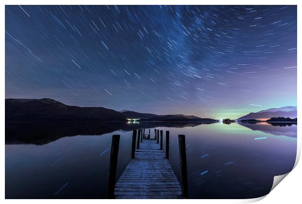 Derwent Water Aurora Star Trails, Lake District. Print by John Finney
