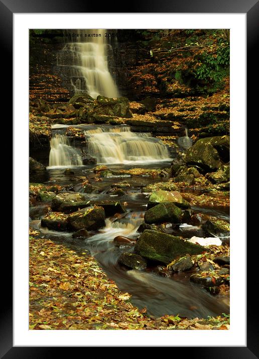 AUTUMN LEAVES WATERFALL Framed Mounted Print by andrew saxton