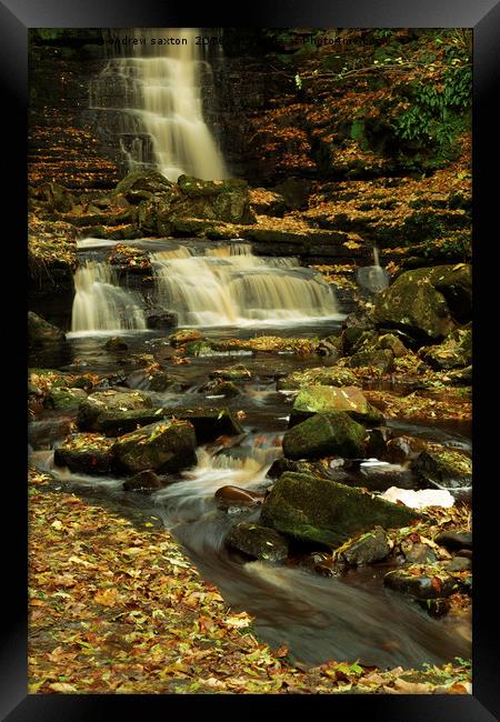 AUTUMN LEAVES WATERFALL Framed Print by andrew saxton