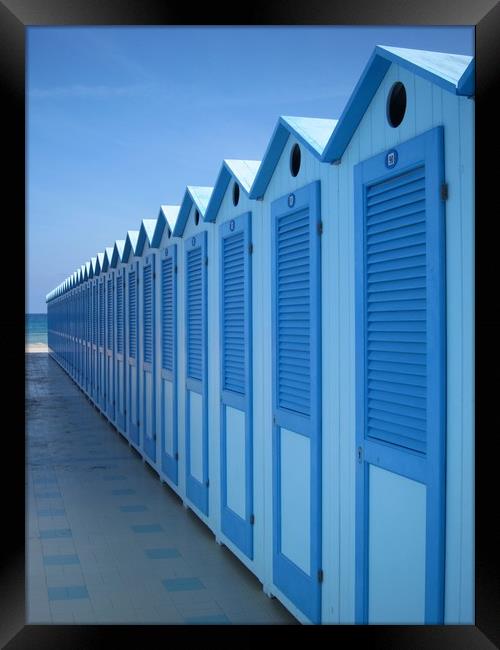 Blue Beach Huts in Italy Framed Print by Carla Lock