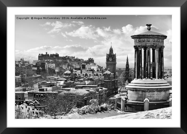 Edinburgh skyline in snow from Calton Hill mono Framed Mounted Print by Angus McComiskey