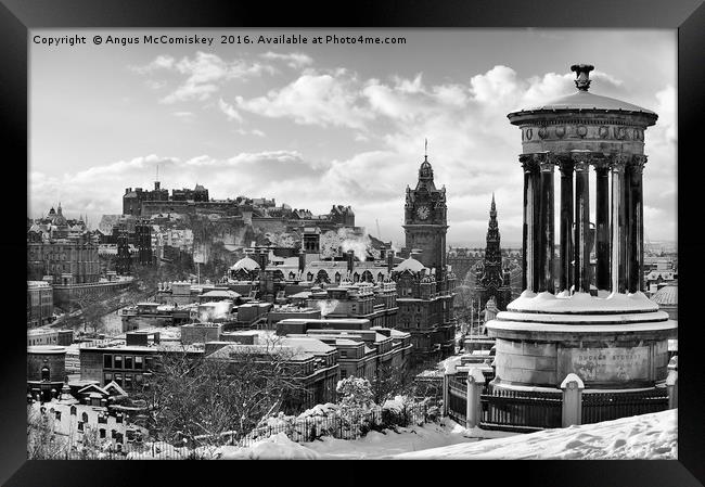 Edinburgh skyline in snow from Calton Hill mono Framed Print by Angus McComiskey