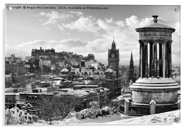Edinburgh skyline in snow from Calton Hill mono Acrylic by Angus McComiskey