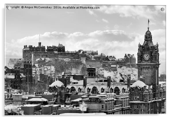 Edinburgh Castle and city skyline in snow mono Acrylic by Angus McComiskey