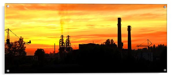 Smoking factory chimnies at sunset Acrylic by Ray Fidler