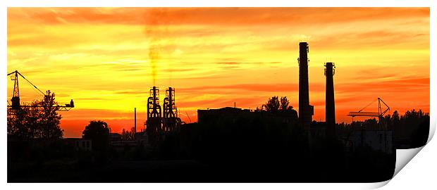 Smoking factory chimnies at sunset Print by Ray Fidler