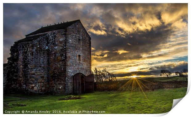 Sunrise at Scargill Castle Print by AMANDA AINSLEY