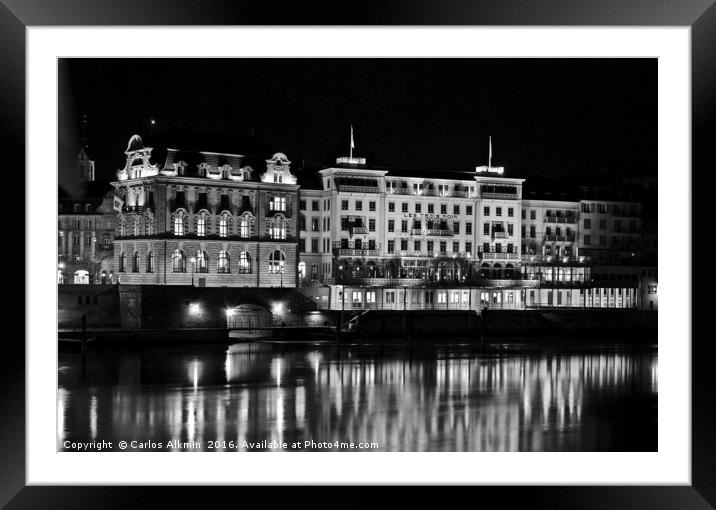 Basel, Switzerland at night - The River Rhine refl Framed Mounted Print by Carlos Alkmin