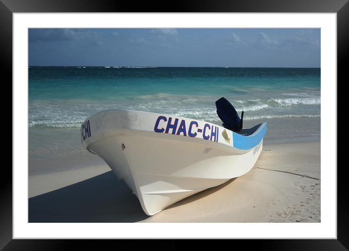 Boat on a beach, Carribean sea, Tulum, Mexico Framed Mounted Print by Larisa Siverina