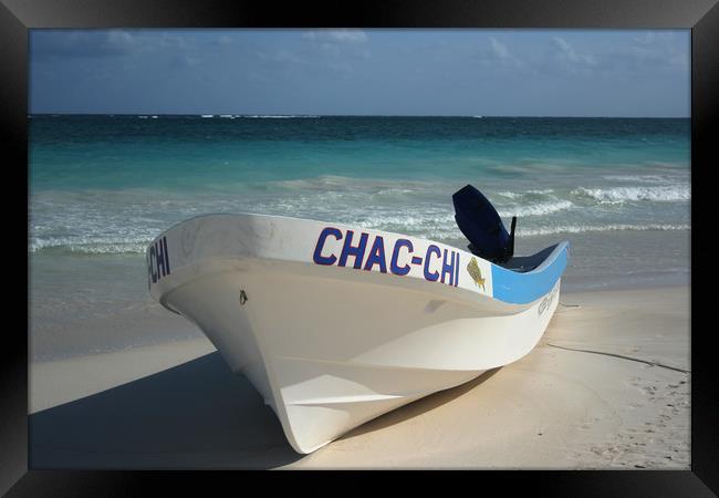 Boat on a beach, Carribean sea, Tulum, Mexico Framed Print by Larisa Siverina