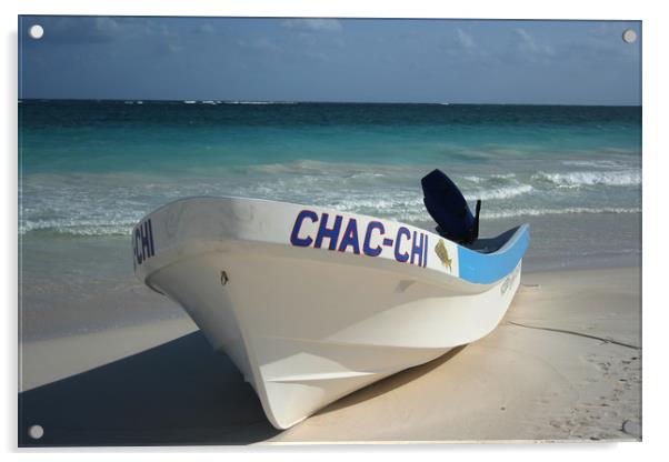 Boat on a beach, Carribean sea, Tulum, Mexico Acrylic by Larisa Siverina