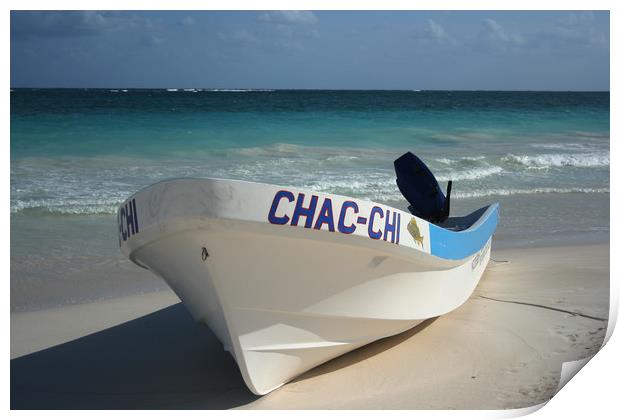 Boat on a beach, Carribean sea, Tulum, Mexico Print by Larisa Siverina