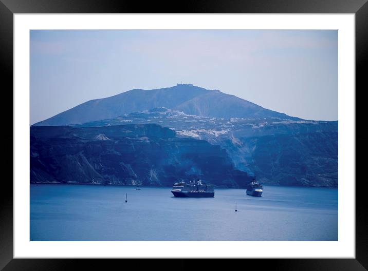 cruise ships on a background of rocks, Santorini Framed Mounted Print by Larisa Siverina