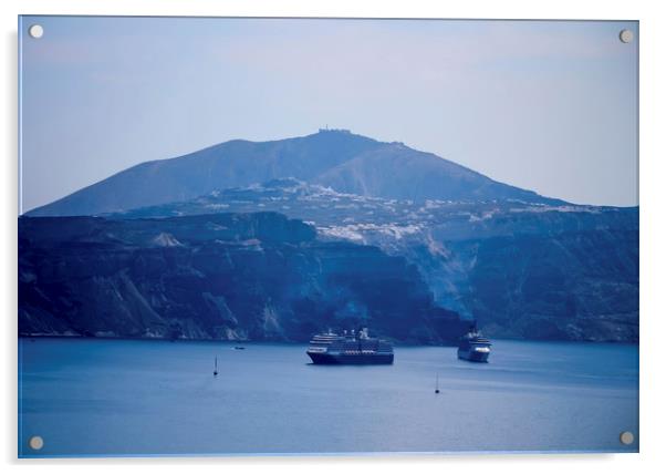 cruise ships on a background of rocks, Santorini Acrylic by Larisa Siverina