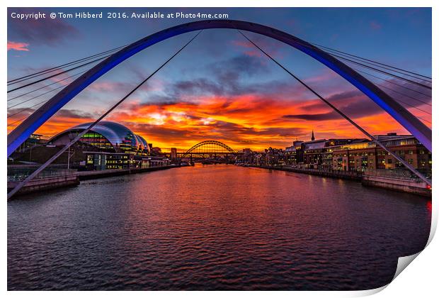 Fiery sunset over Tyne Bridges, Newcastle  Print by Tom Hibberd