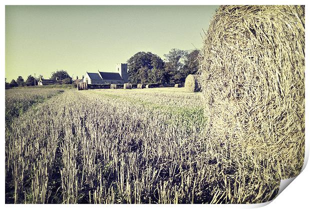 Hay Bales over Ormesby St. Michael church Print by Stephen Mole