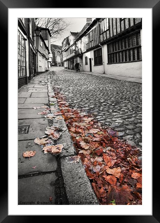 Old Elm Hill Norwich cobbled street black and whit Framed Mounted Print by Simon Bratt LRPS