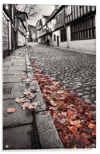 Old Elm Hill Norwich cobbled street black and whit Acrylic by Simon Bratt LRPS