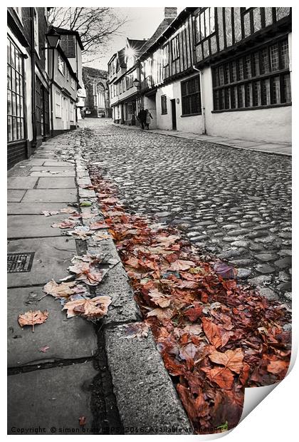Old Elm Hill Norwich cobbled street black and whit Print by Simon Bratt LRPS