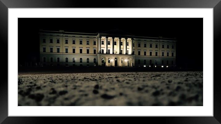 Oslo Palace on a cold, winter evening. Framed Mounted Print by Mike Evans