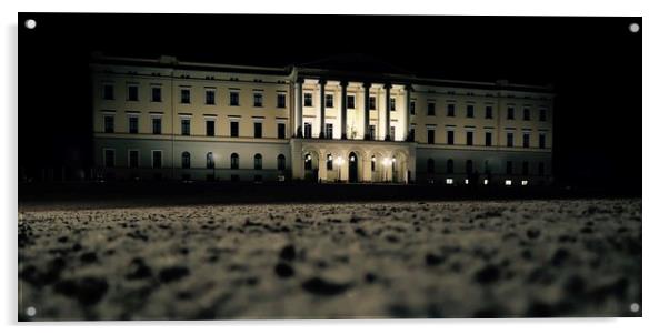 Oslo Palace on a cold, winter evening. Acrylic by Mike Evans