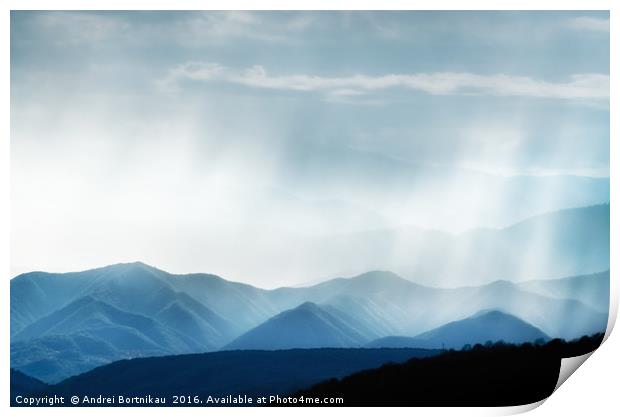 Hills with rainy ranges with sunlight Print by Andrei Bortnikau