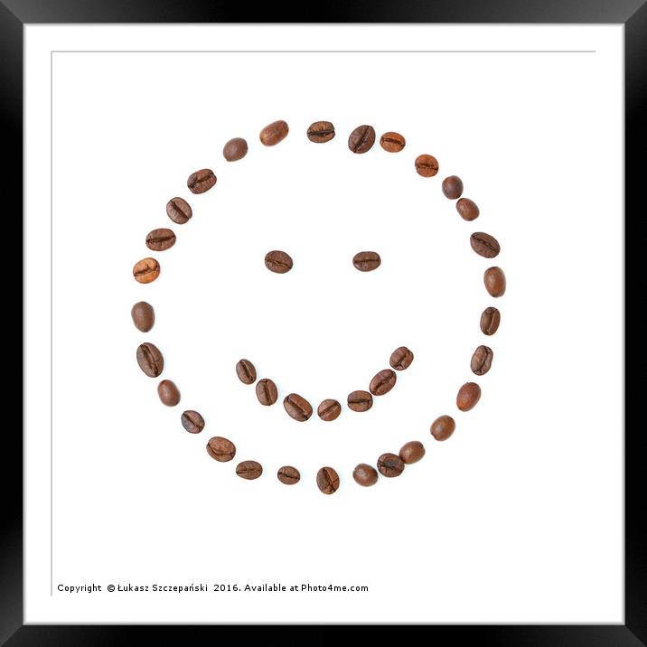 Smiling face emoticon made of coffee beans Framed Mounted Print by Łukasz Szczepański
