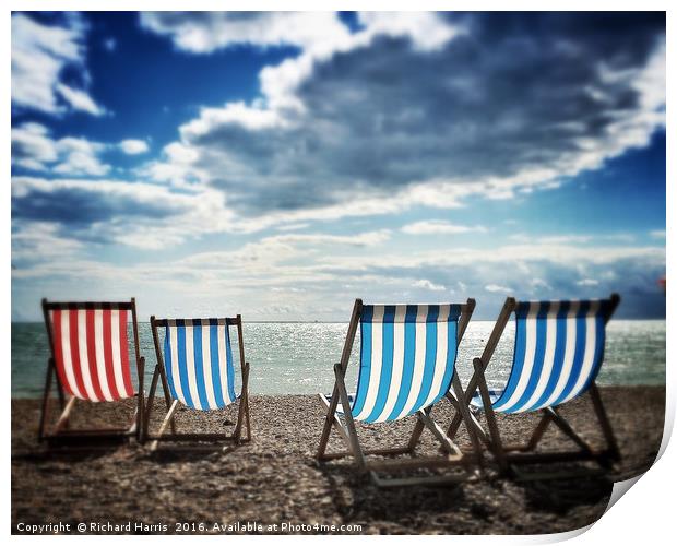 Four deckchairs on the beach at Brighton, East Sus Print by Richard Harris
