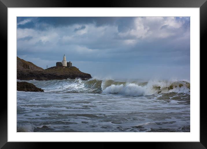 Mumbles lighthouse the wave. Framed Mounted Print by Bryn Morgan