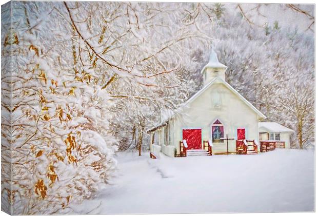 Little White And Red Church In The Snow Canvas Print by Sarah Ball