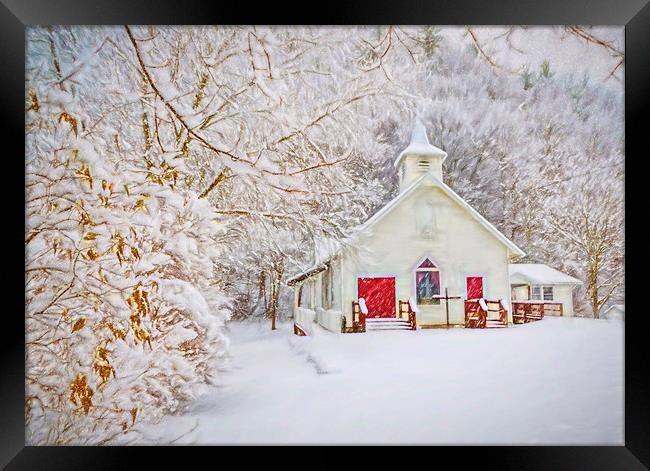 Little White And Red Church In The Snow Framed Print by Sarah Ball