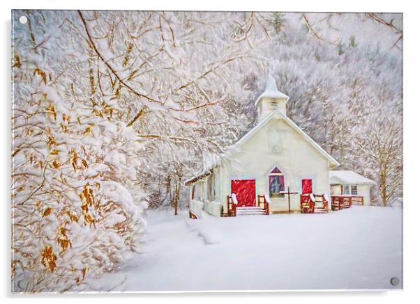 Little White And Red Church In The Snow Acrylic by Sarah Ball