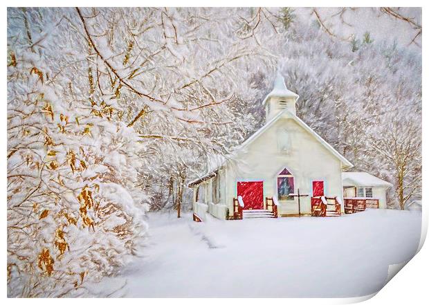Little White And Red Church In The Snow Print by Sarah Ball