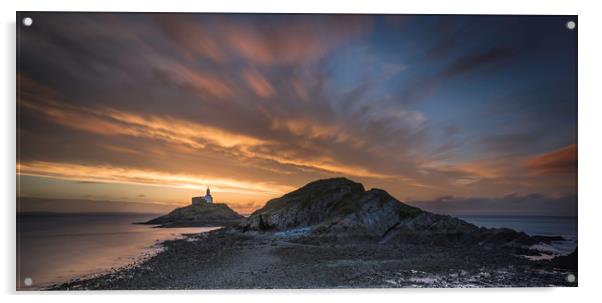 Sunrise at Mumbles lighthouse. Acrylic by Bryn Morgan