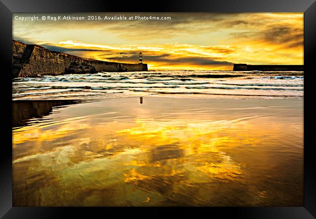 Sunrise at Seaham Pier and The Slope. Framed Print by Reg K Atkinson