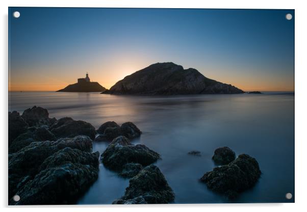 Early morning at Mumbles lighthouse. Acrylic by Bryn Morgan