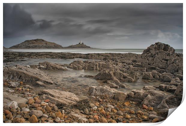 Mumbles lighthouse viewed from Bracelet bay. Print by Bryn Morgan