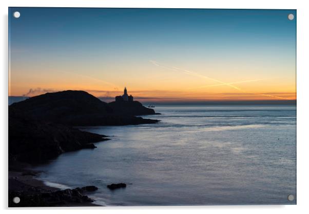 Mumbles lighthouse at sunrise.  Acrylic by Bryn Morgan