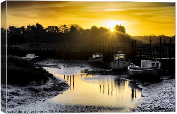 Thornham Harbour Sunrise Canvas Print by Alan Simpson