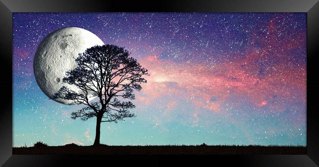 milky way, stars, moon and tree Framed Print by Guido Parmiggiani