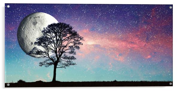 milky way, stars, moon and tree Acrylic by Guido Parmiggiani