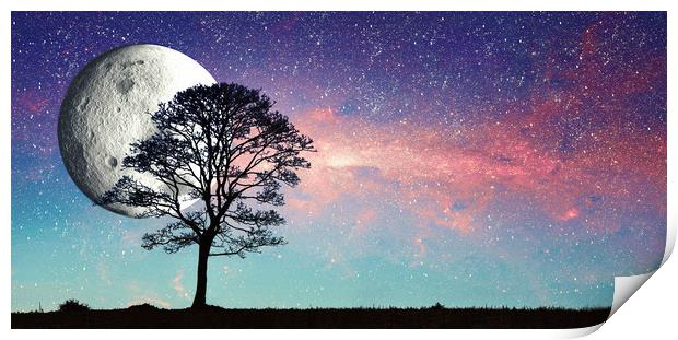 milky way, stars, moon and tree Print by Guido Parmiggiani