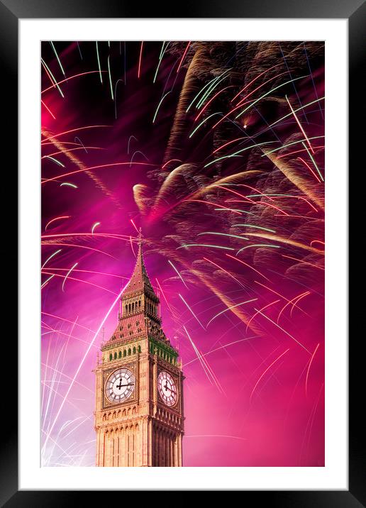 Big Ben and New Year 's fireworks Framed Mounted Print by Guido Parmiggiani